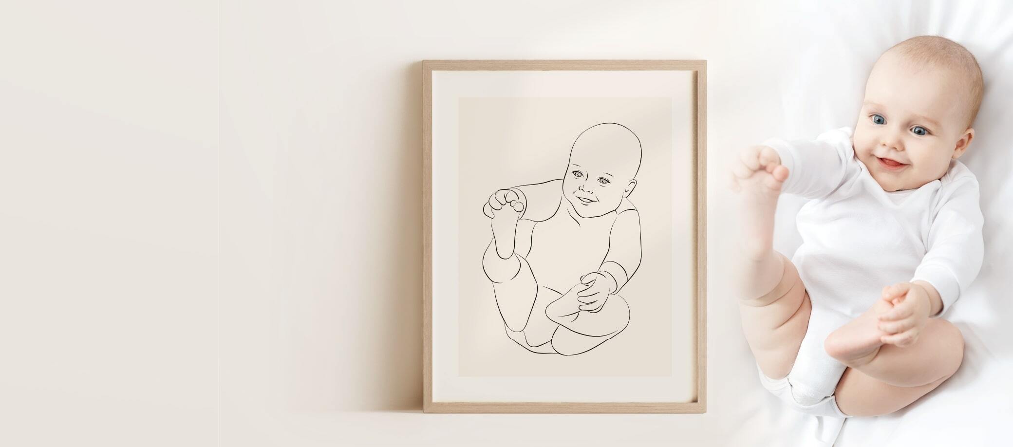 Ein Miroar Line Art Bild in einem Eichenholzrahmen von einem lächelnden Baby als Geburtsgeschenkidee.