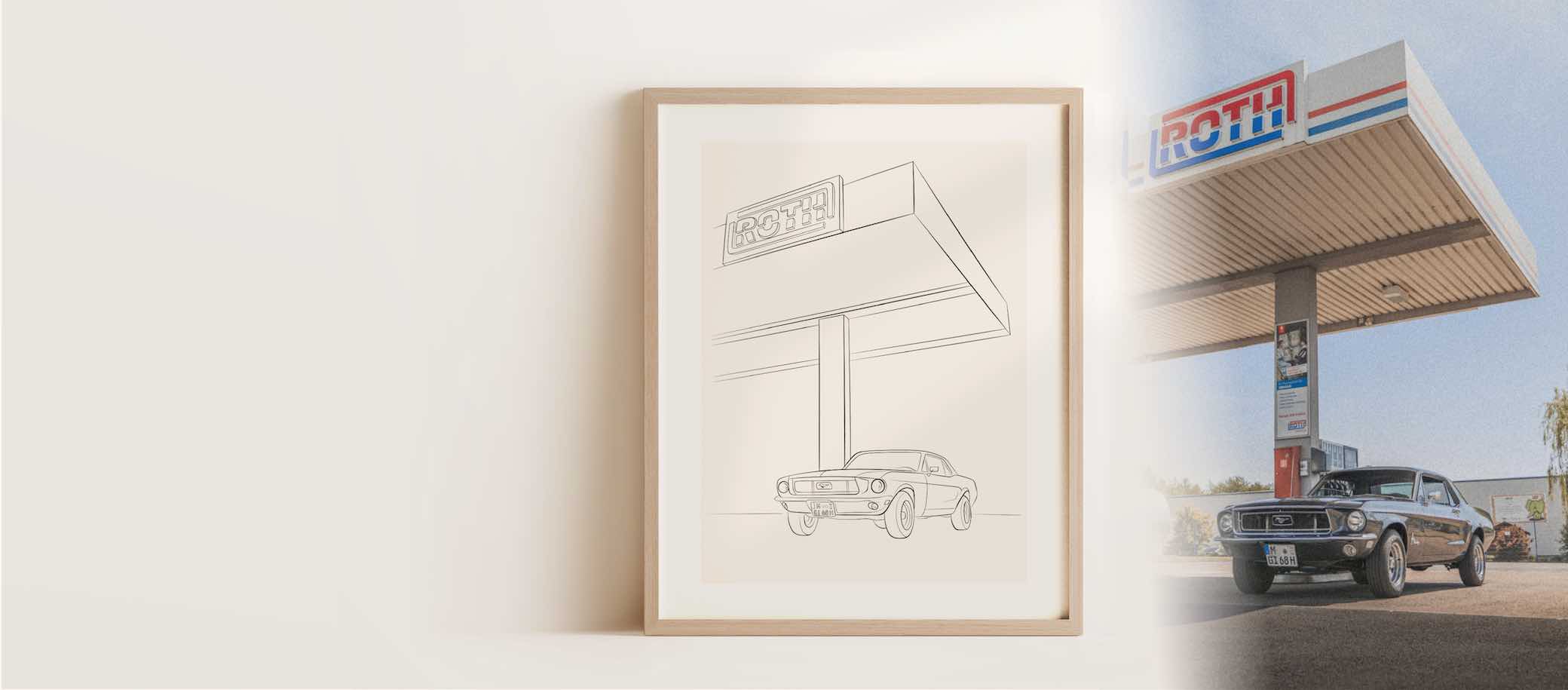 Line Art Zeichnung eines alten Ford Mustangs an einer Tankstelle neben dem originalen Foto.