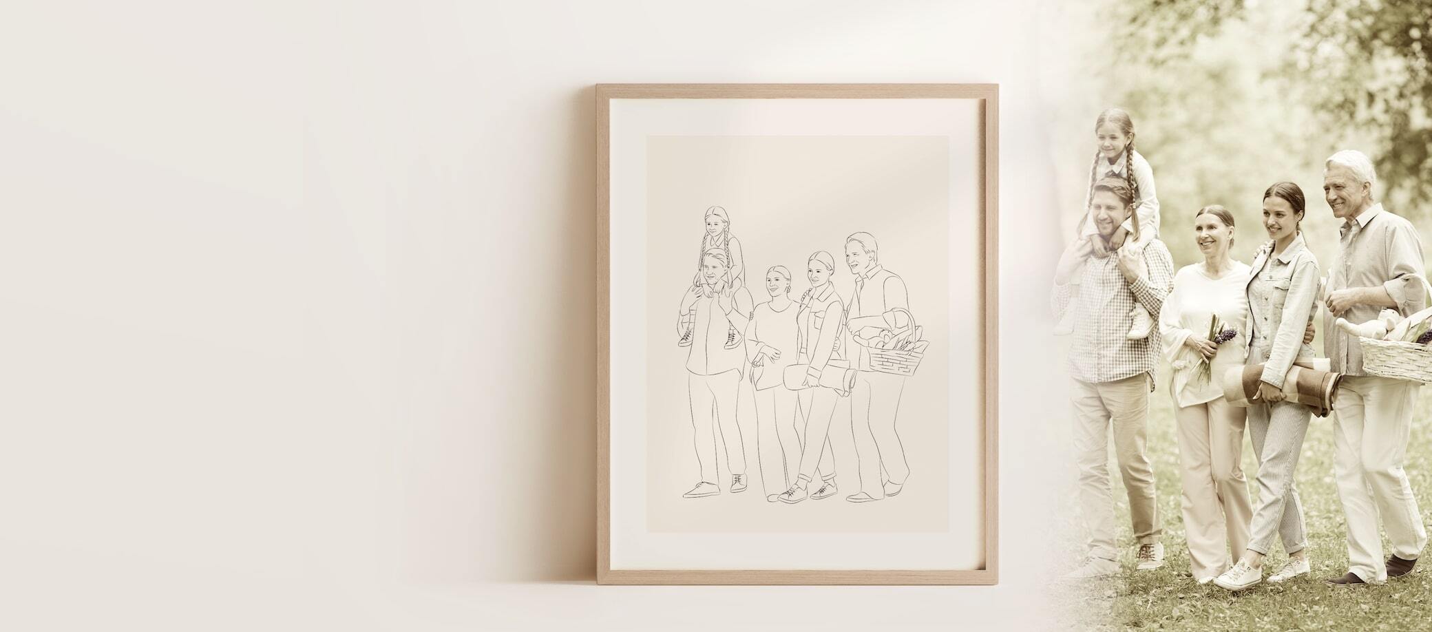 Line Art Zeichnung einer großen Familie
