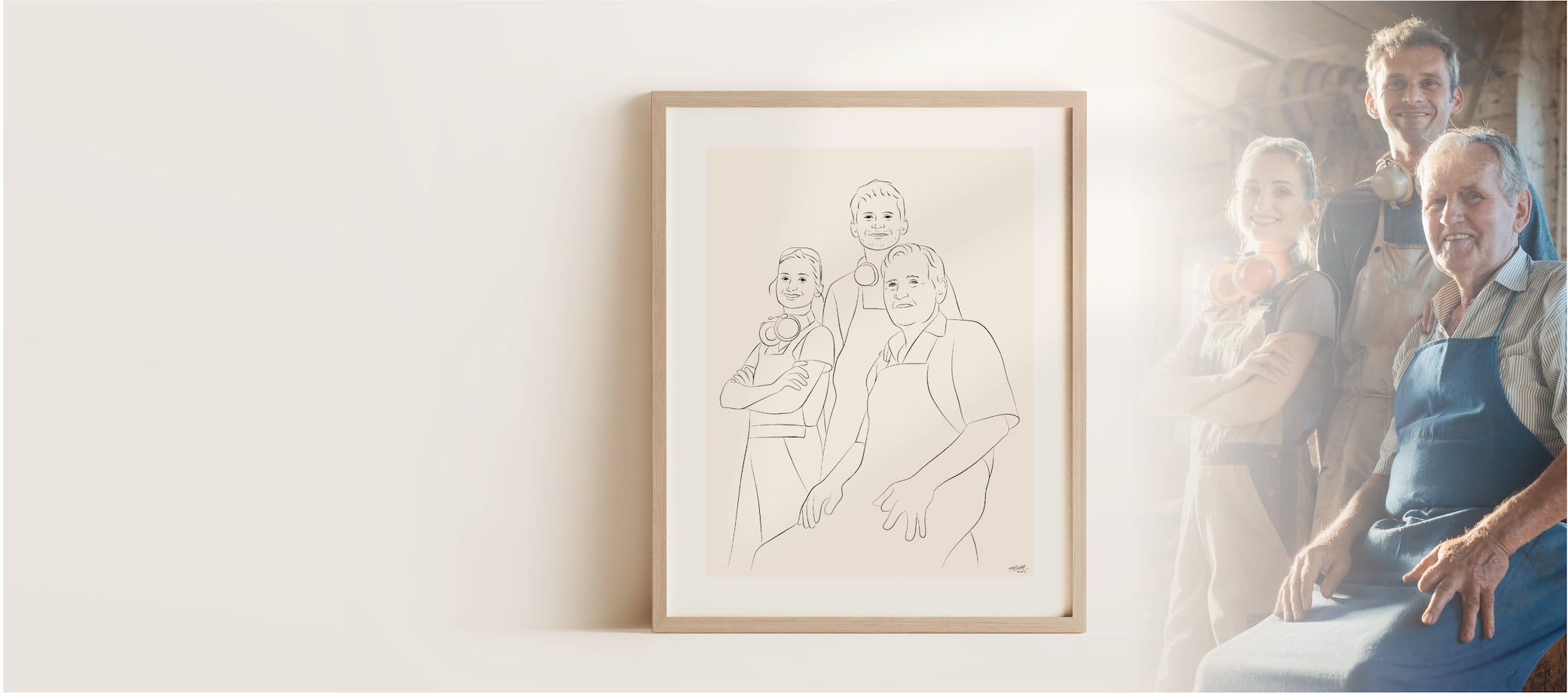 Line Art Zeichnung einer Schreinereibelegschaft mit jungen und alten Kollegen