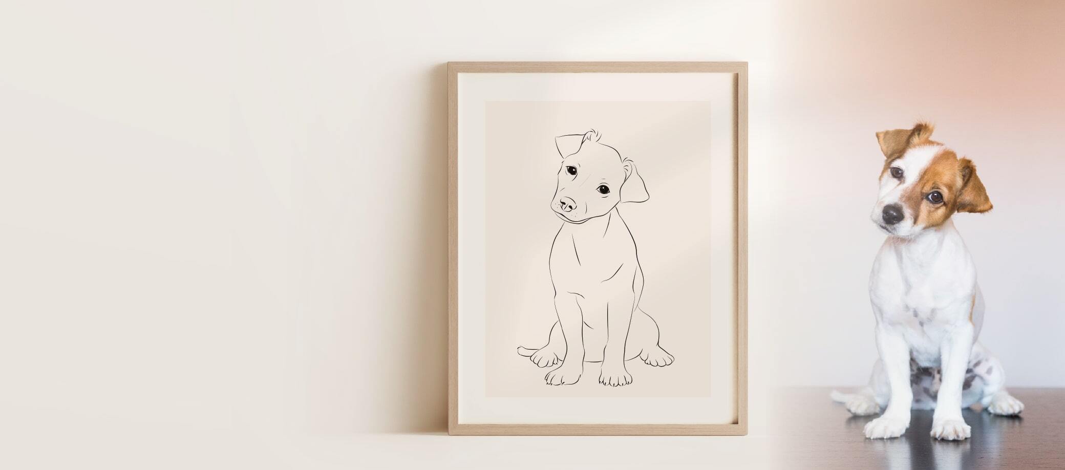 Ein Miroar Line Art Bild in einem Eichenholzrahmen von einem jungen Jack Russel, der sich direkt neben der Zeichnung befindet