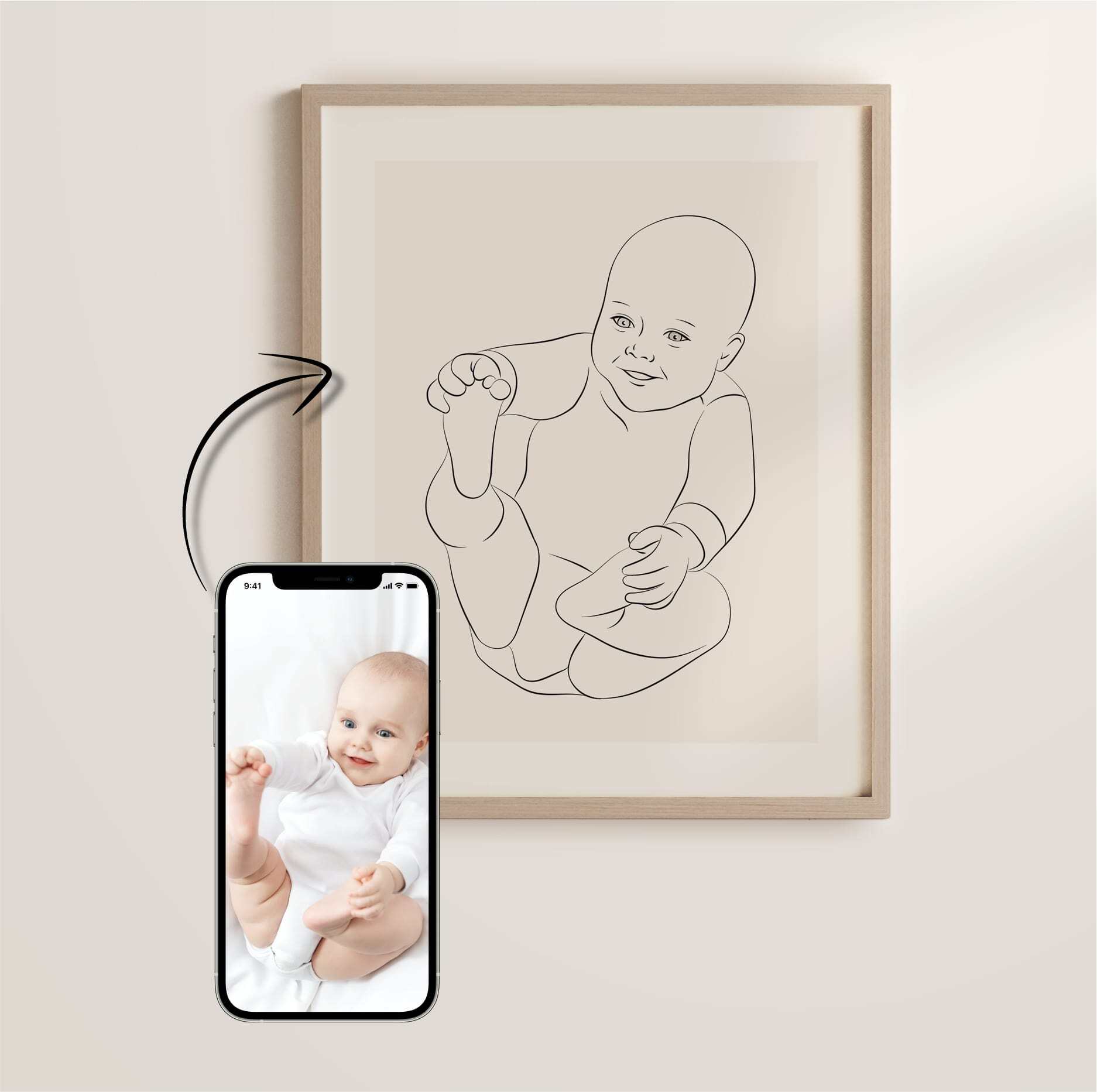 Eine Line Art Zeichnung eines lächelnden Babys.