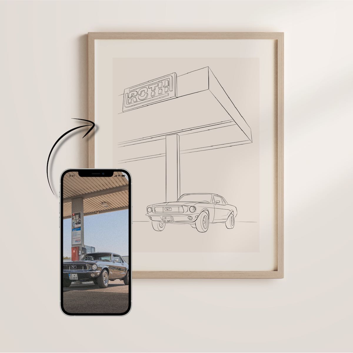 Geschenk für Autoliebhaber: Line Art Zeichnung eines alten Ford Mustangs