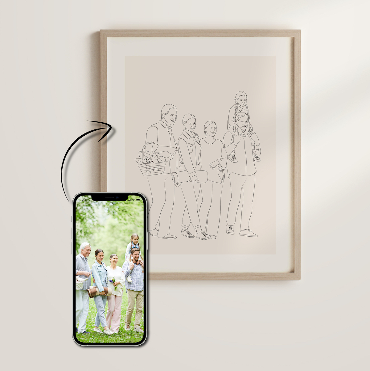 Gezeichnetes Familienportrait in Line Art