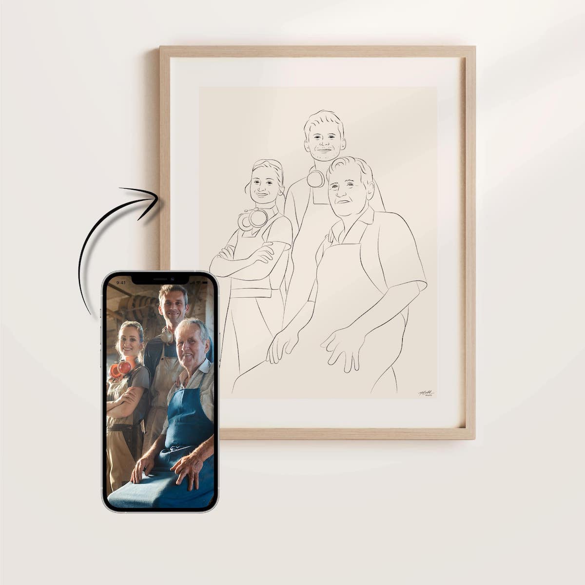 Line Art Portrait einer Teams einer Schreinerei