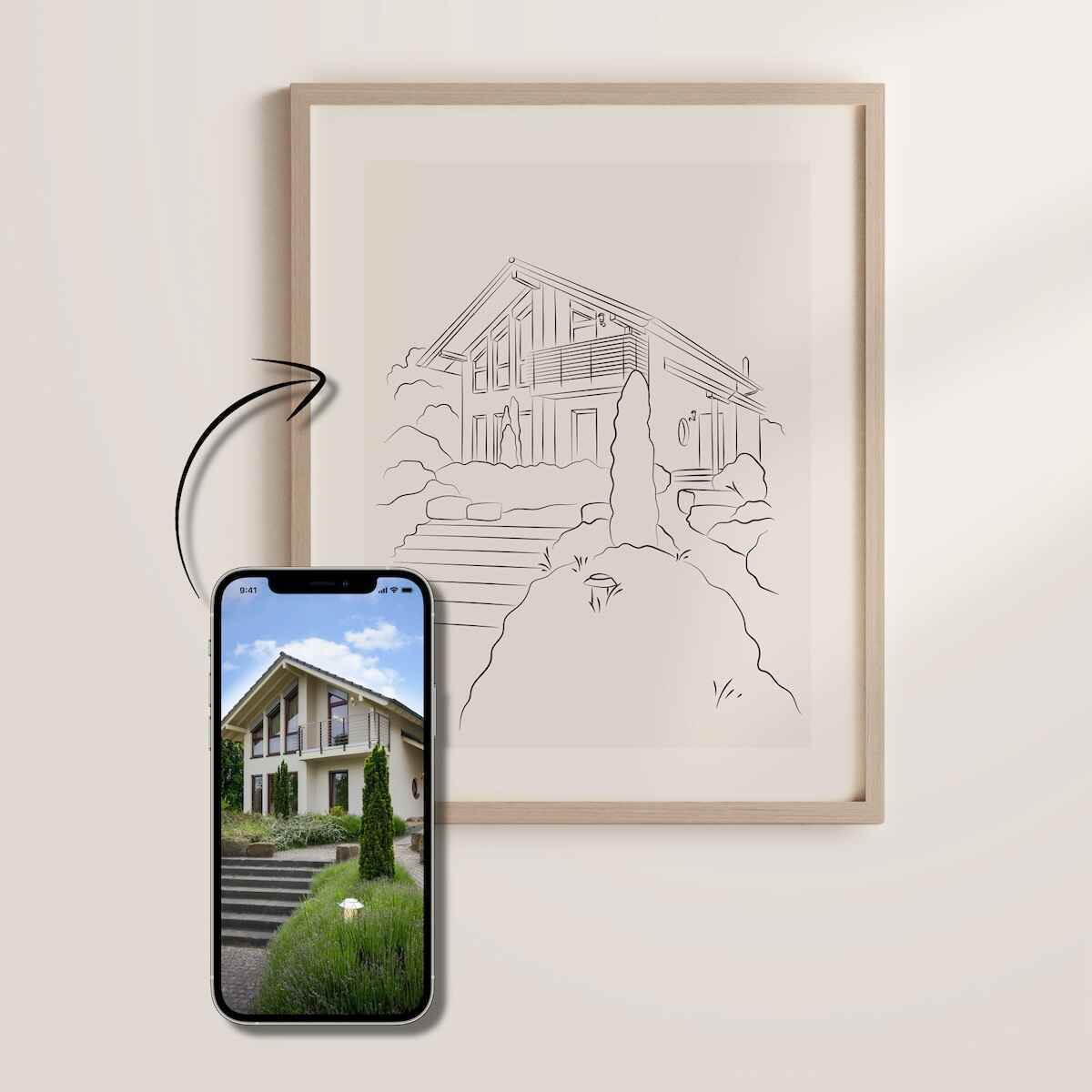 Line Art Illustration eines Einfamilienhauses