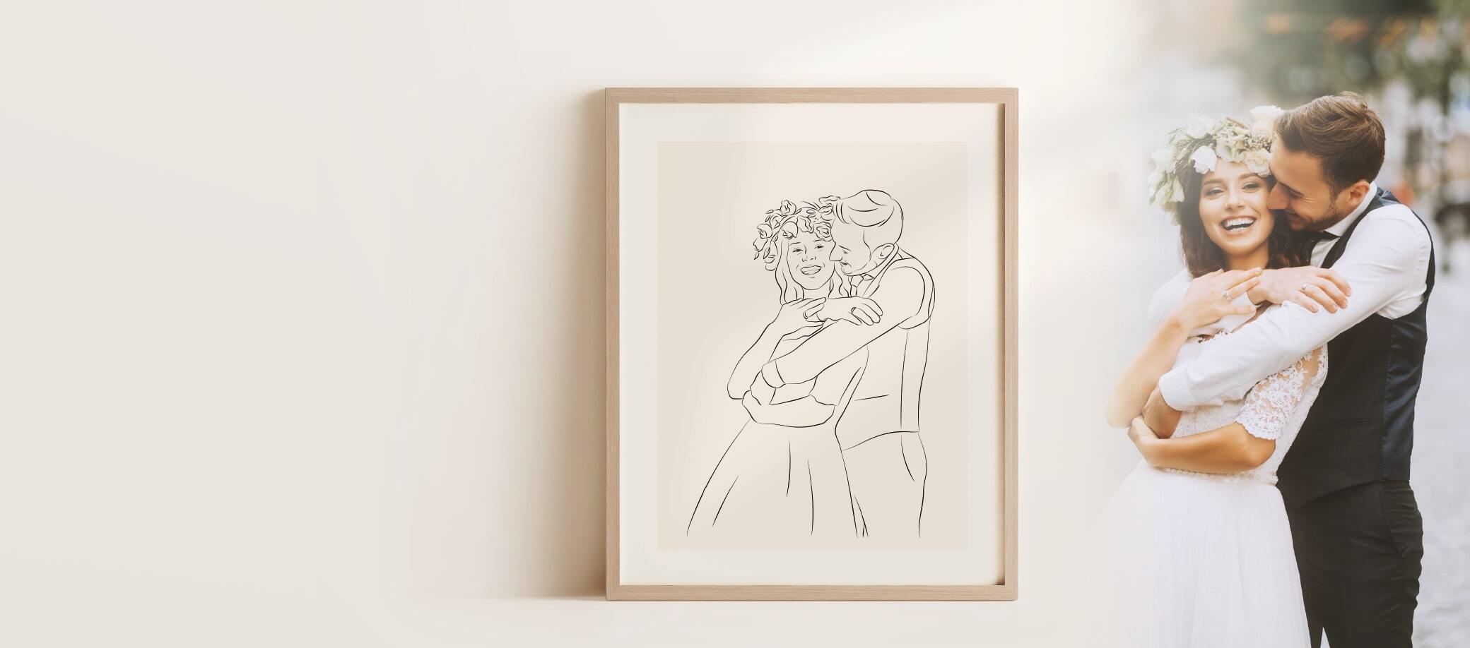 Hochzeitspaar illustriert in Line Art, gerahmt in hellem Eichenrahmen