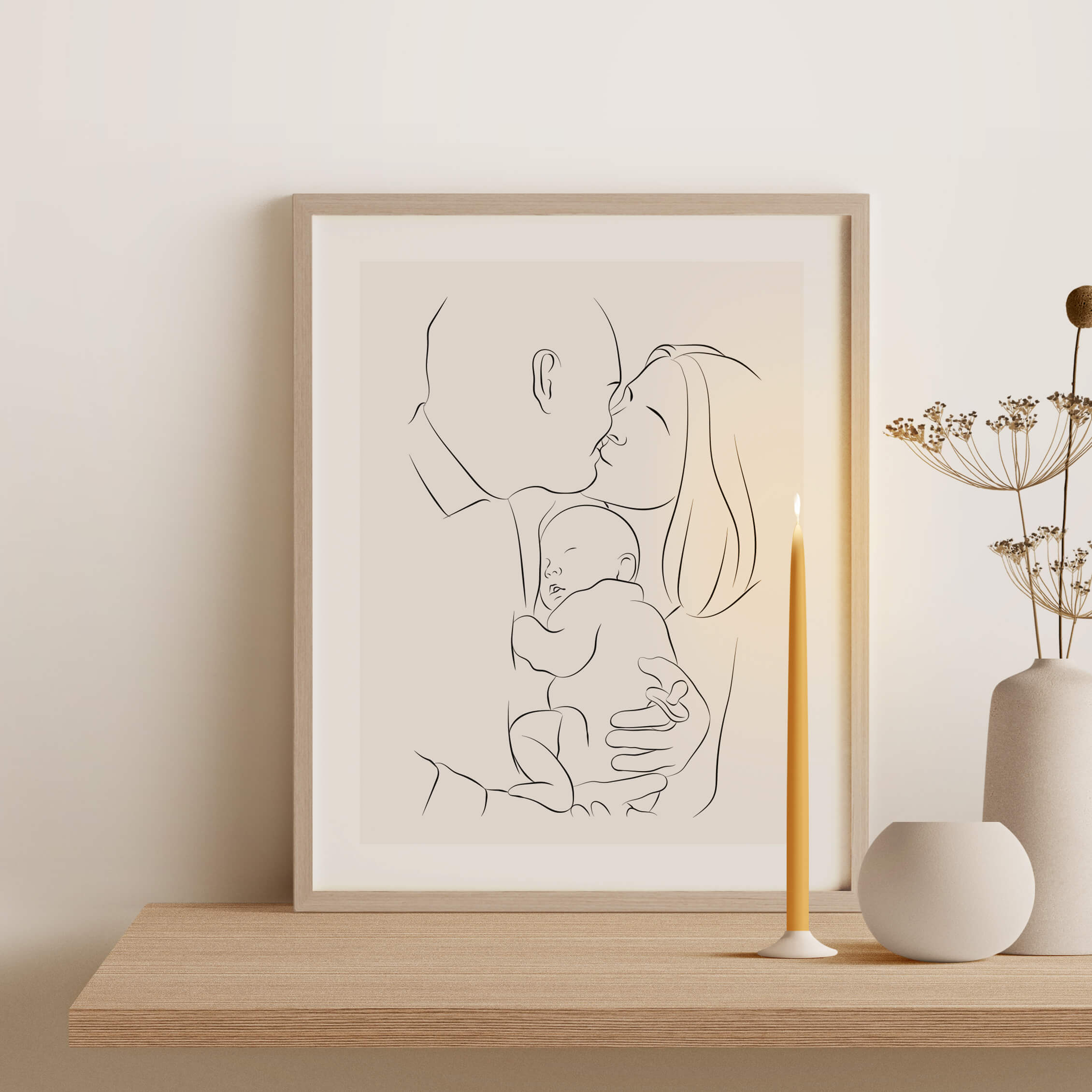 Eine Illustration in Line Art von einem Paar, welches ein schlafendes Baby in Händen hält