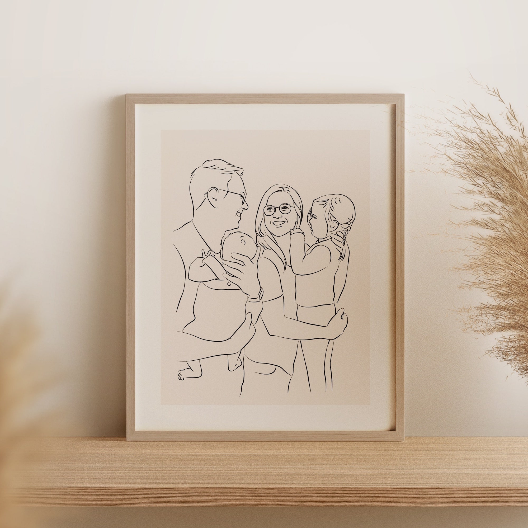 Junge Familie mit 2 Kindern gezeichnet in Line Art