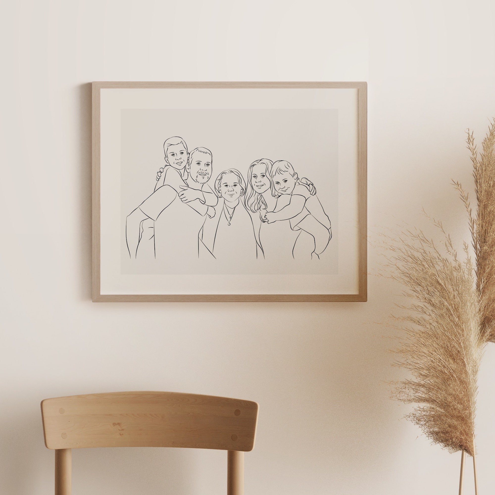Gezeichnetes Familienfoto in Line Art mit Oma im Bildmittelpunkt