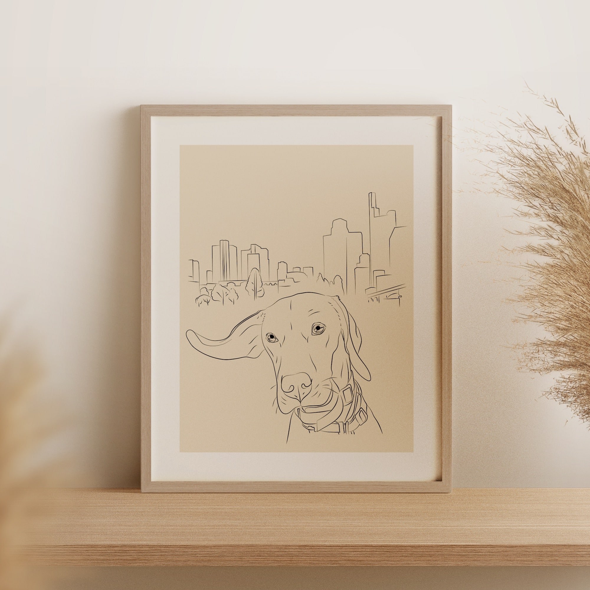 Eine Line Art Zeichnung von einem Hund und der Skyline von Frankfurt
