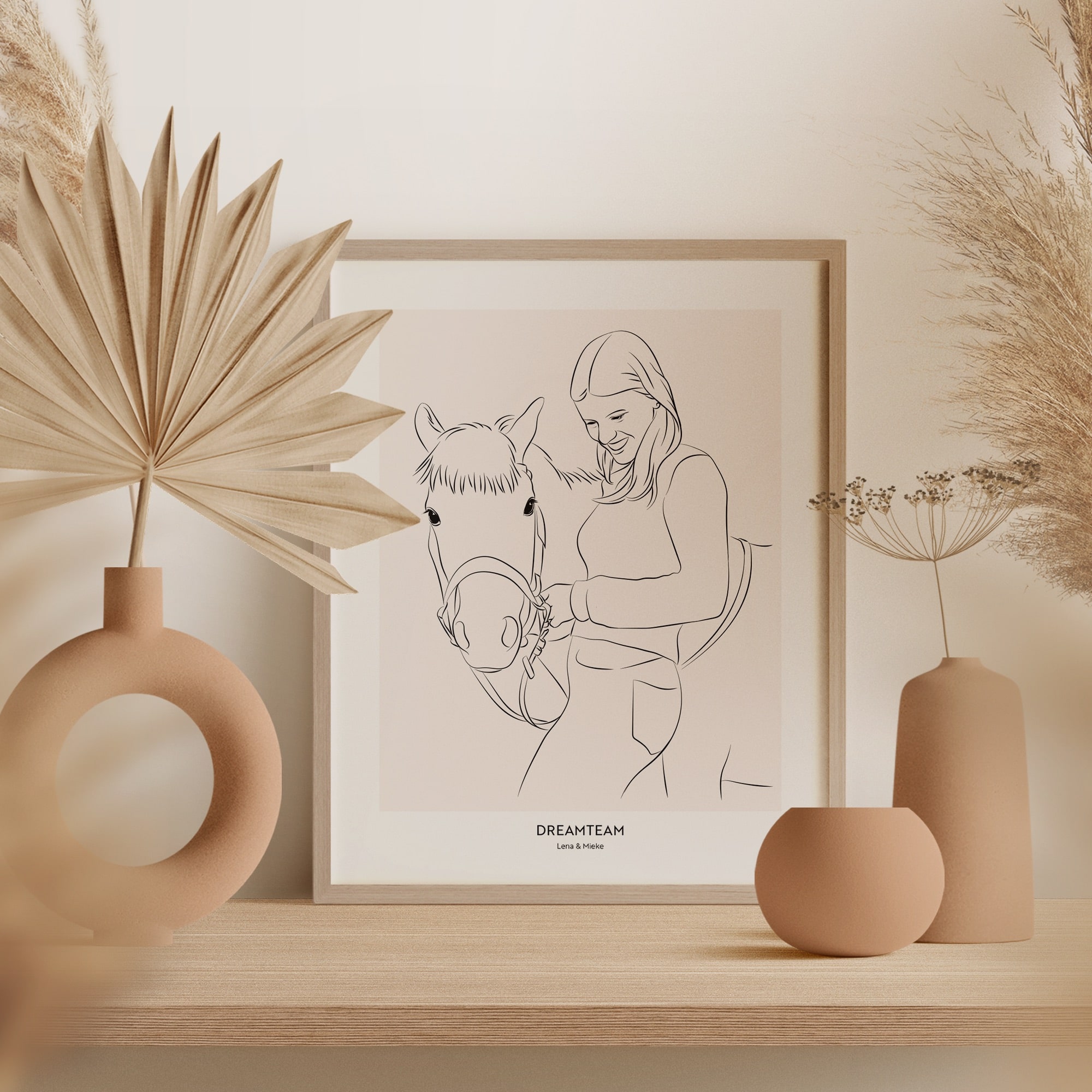 Eine Line Art Zeichnung von einem Pferd neben einer jungen Frau