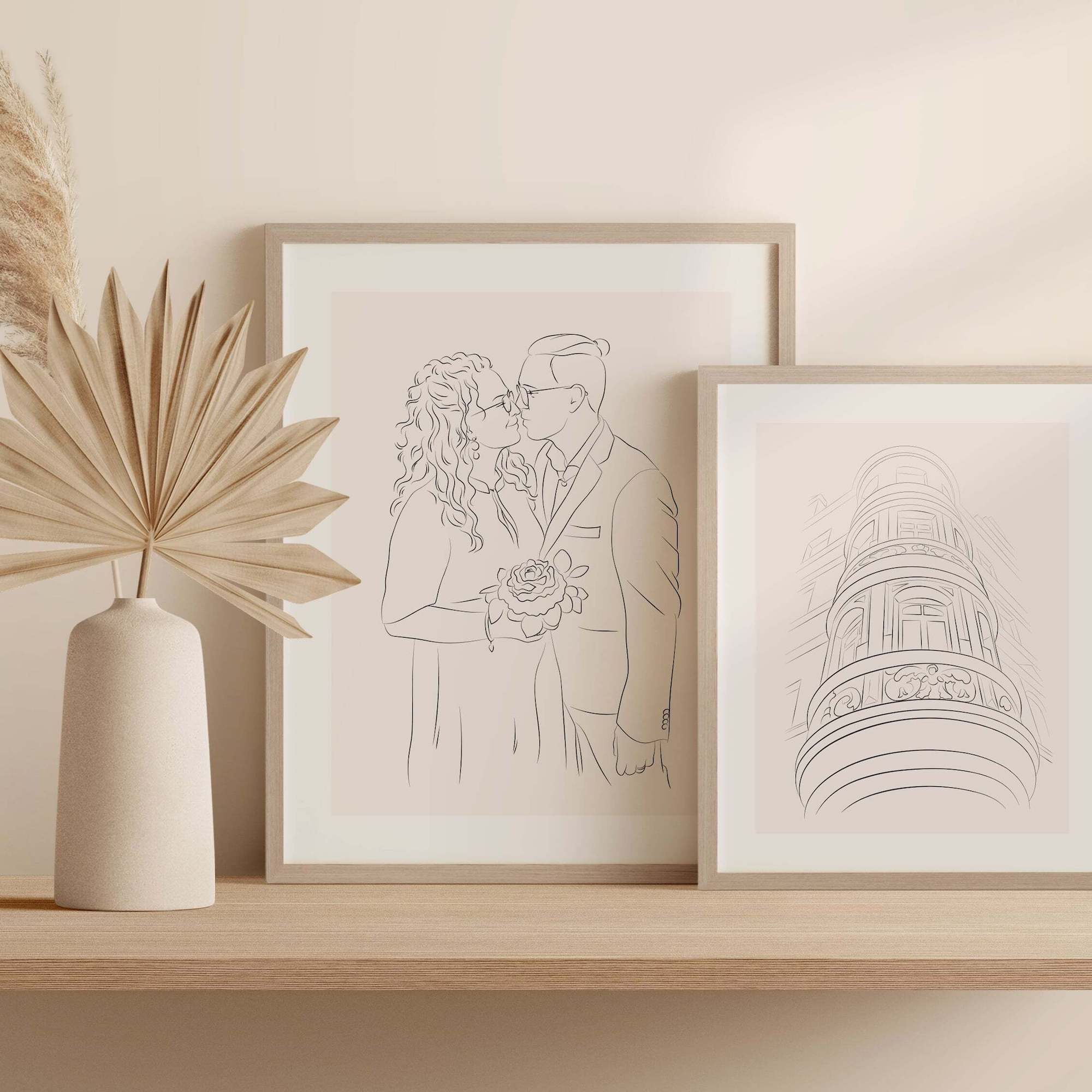 Zeichnung einer Hausfassade in Line Art neben einer Paarillustration
