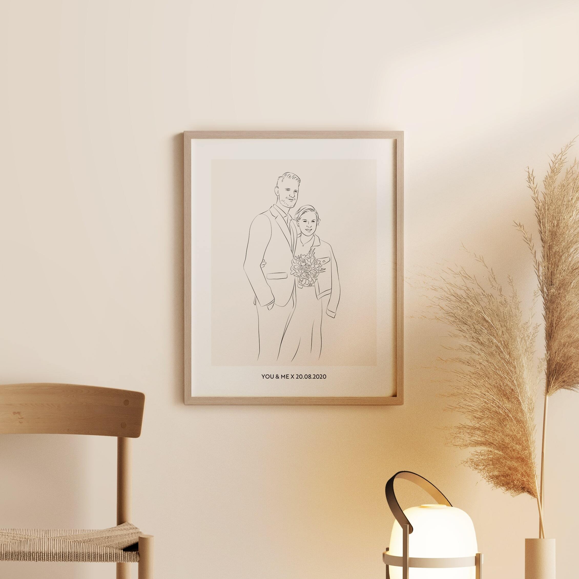 Line Art Illustration eines Hochzeitspaares mit Blumenstrauß und Hochzeitsdatum als Untertitel