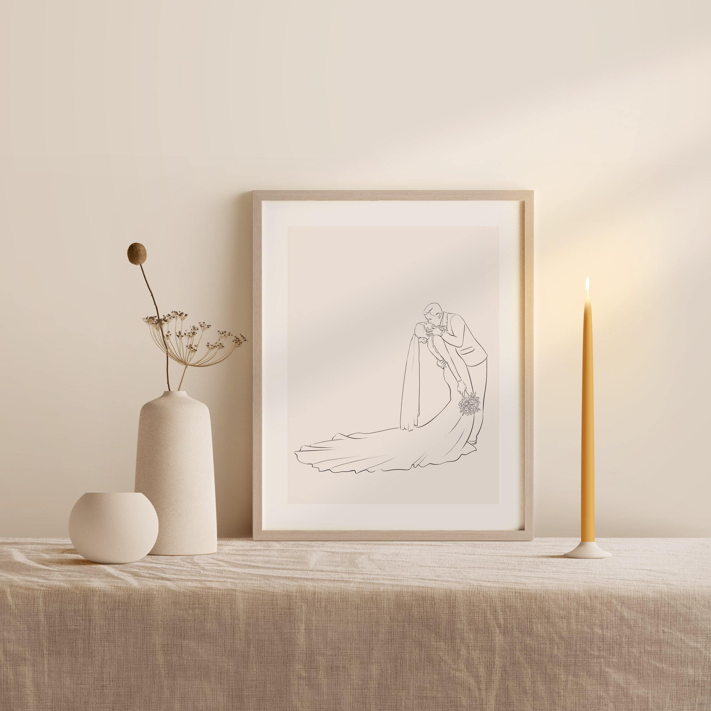 Hochzeitsfoto eines küssenden Paares in einer Profilansicht in Line Art illustriert