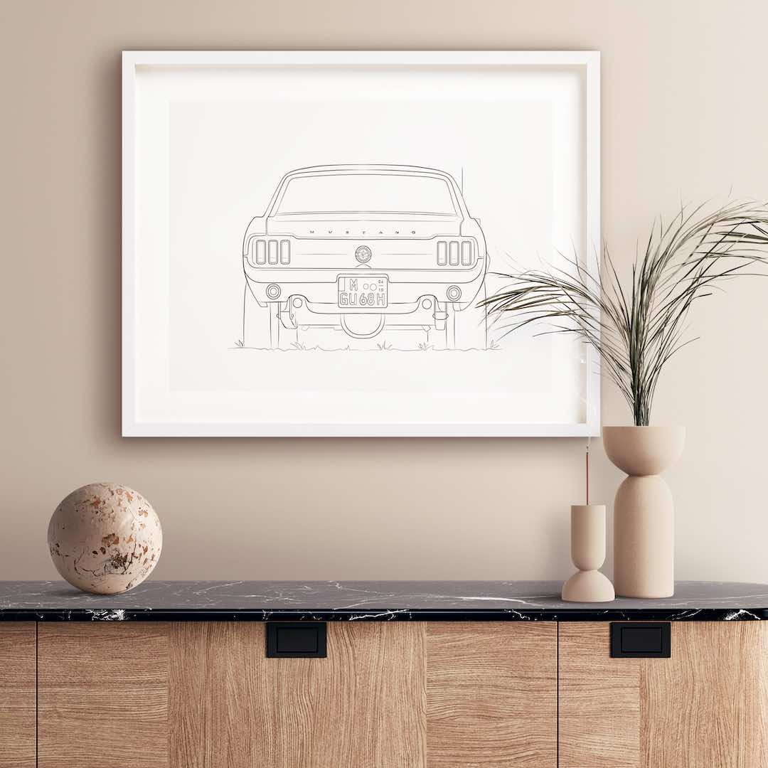 Rückseite eines Ford Mustangs in Line Art