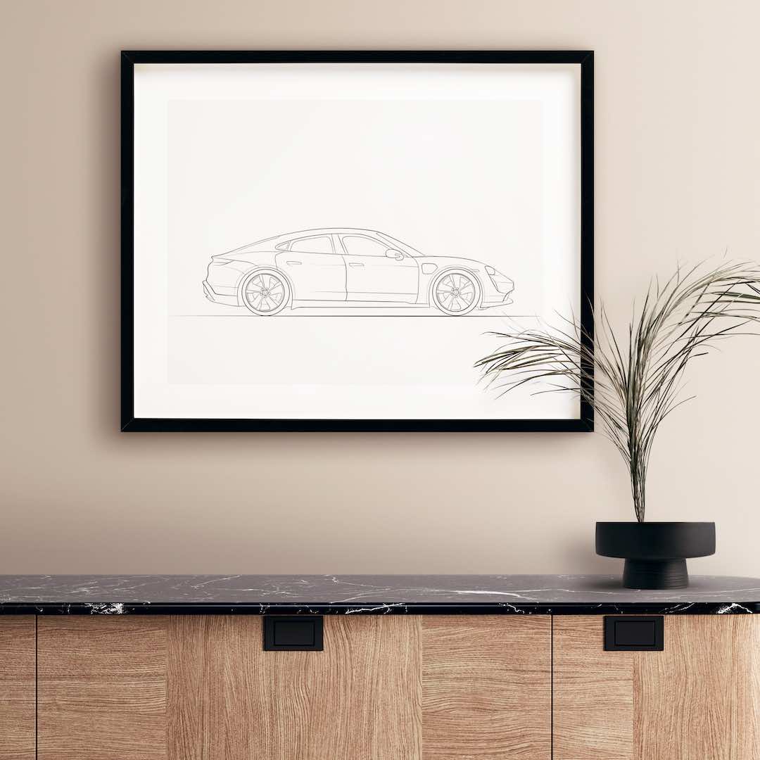 Line Art Zeichnung eines Porsche Tycans in einer Seitenansicht