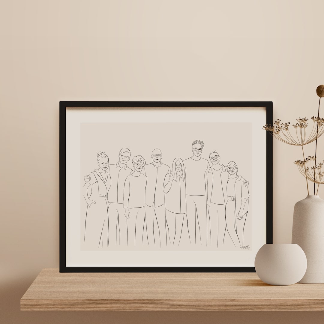 Line Art Portrait eines Teams aus 8 Mitarbeitern